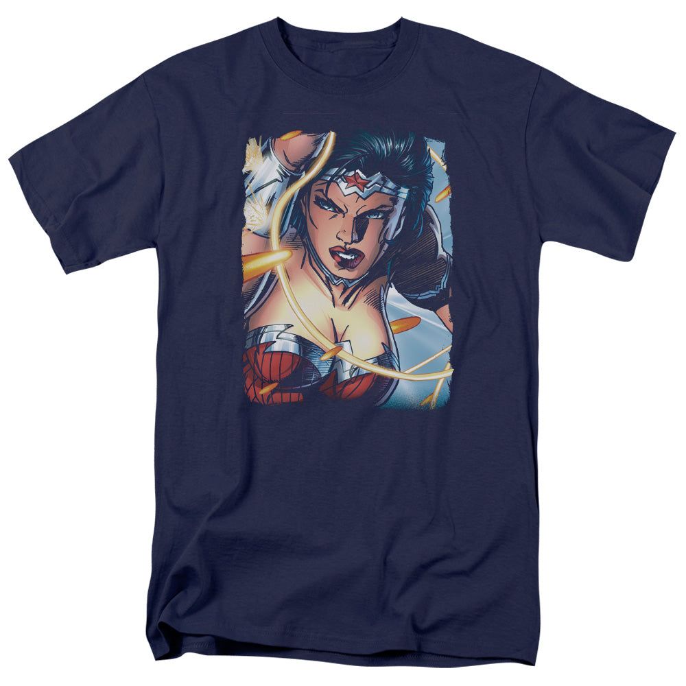 Justice League Scowl Mens T Shirt Navy Blue Retro Pop Classics