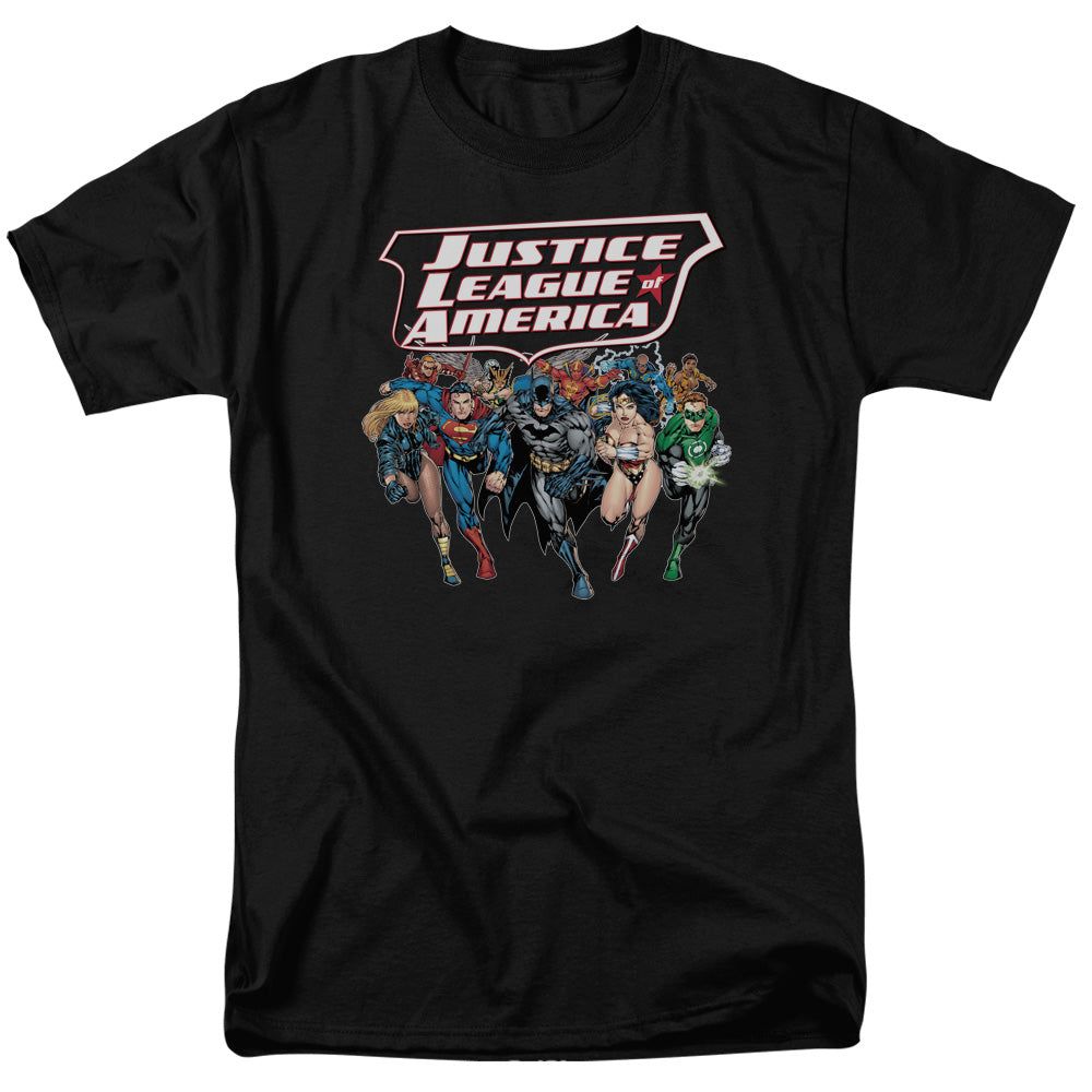 Justice League Charging Justice Mens T Shirt Black Retro Pop Classics
