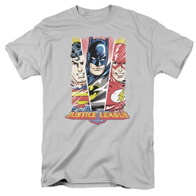 Justice League Hero Triptych Mens T Shirt Silver Retro Pop Classics