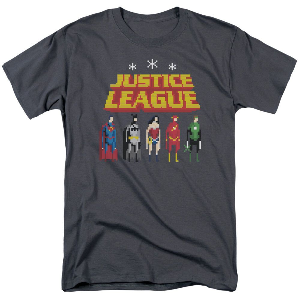 Justice League Standing Below Mens T Shirt Charcoal Retro Pop Classics