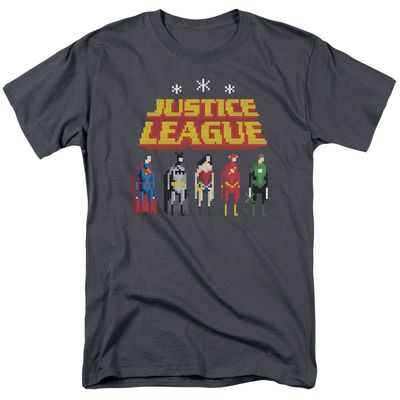Justice League Standing Below Mens T Shirt Charcoal Retro Pop Classics