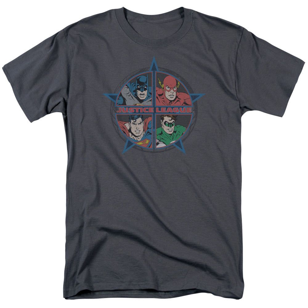 Justice League Batman The Flash Superman Green Lantern Four Heroes Mens T Shirt Charcoal Retro Pop Classics
