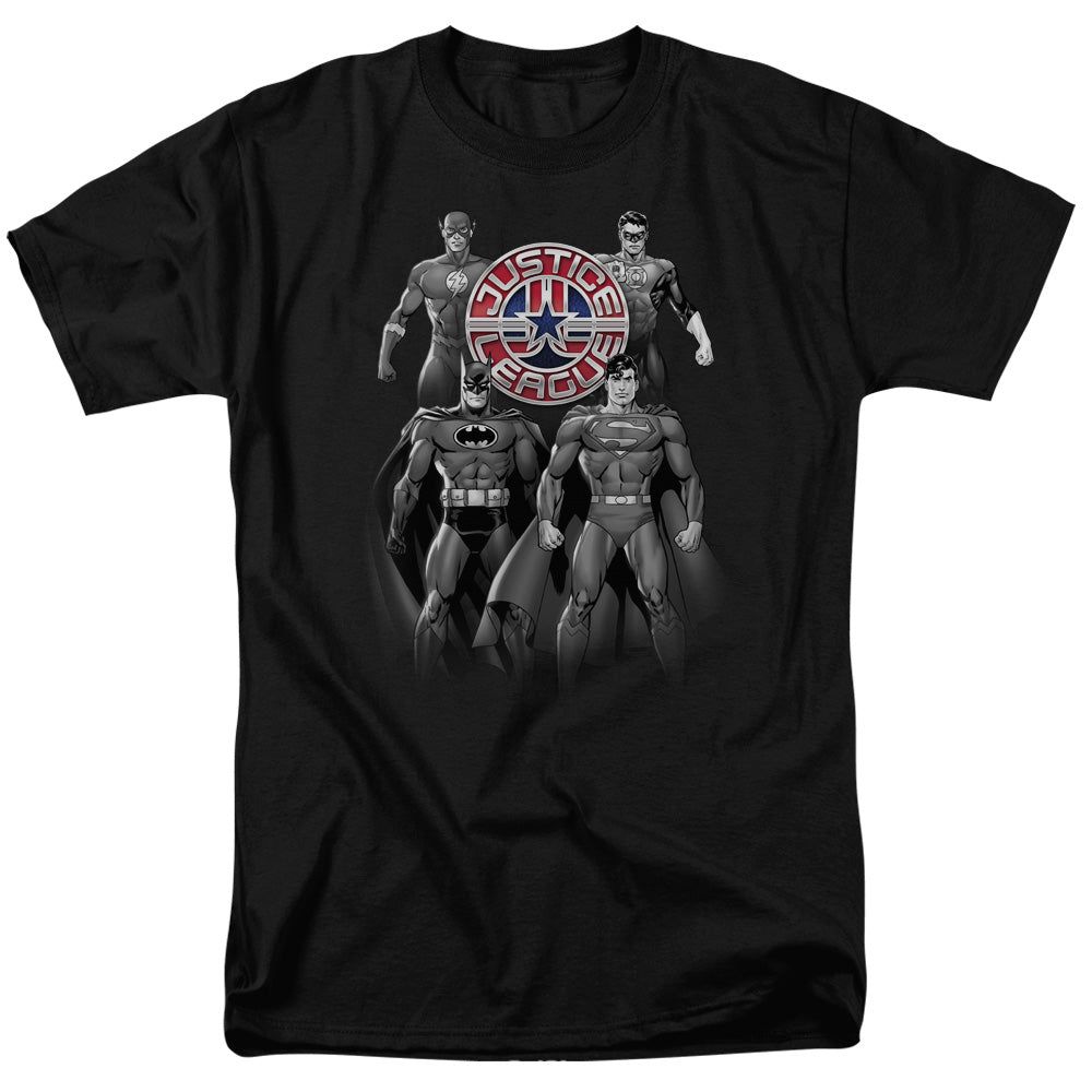 Justice League Shades of Gray Mens T Shirt Black Retro Pop Classics