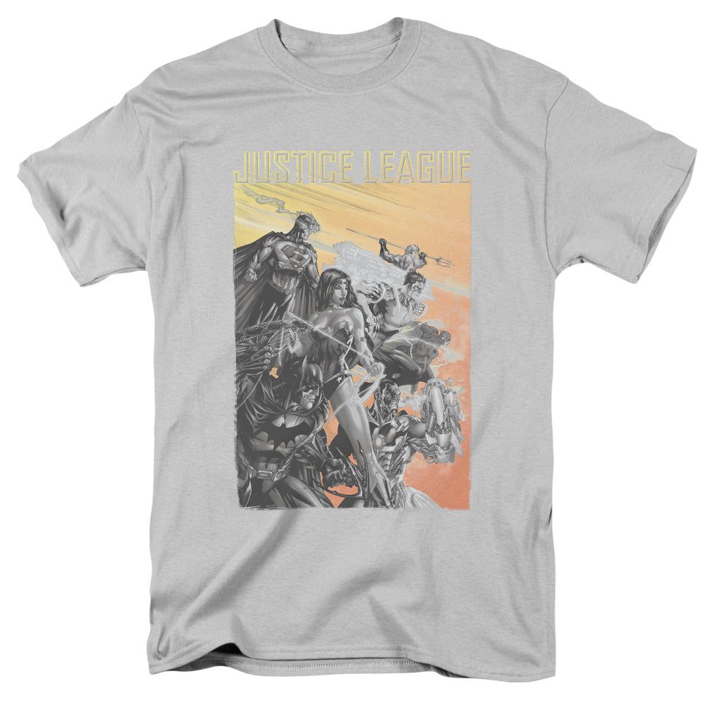 Justice League Red Dawn Mens T Shirt Silver Retro Pop Classics
