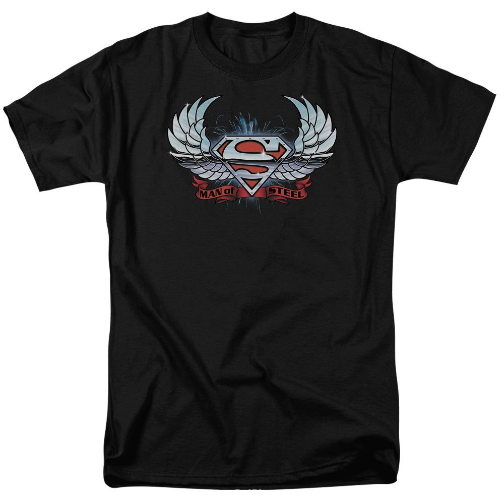 Superman Chrome Wings Shield Mens T Shirt Black Retro Pop Classics