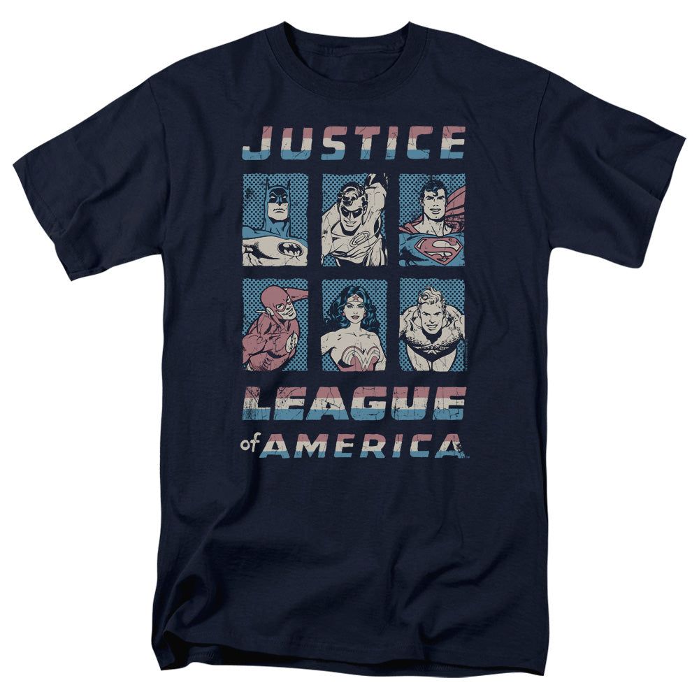 Justice League American League Mens T Shirt Navy Blue Retro Pop Classics