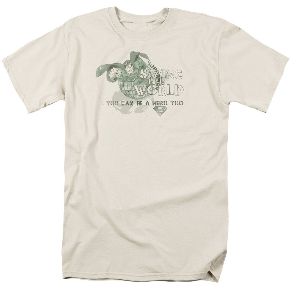Superman Saving The World Mens T Shirt Cream Retro Pop Classics