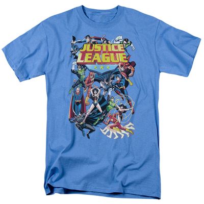 Justice League League a Plenty Mens T Shirt Carolina Blue Retro Pop Classics