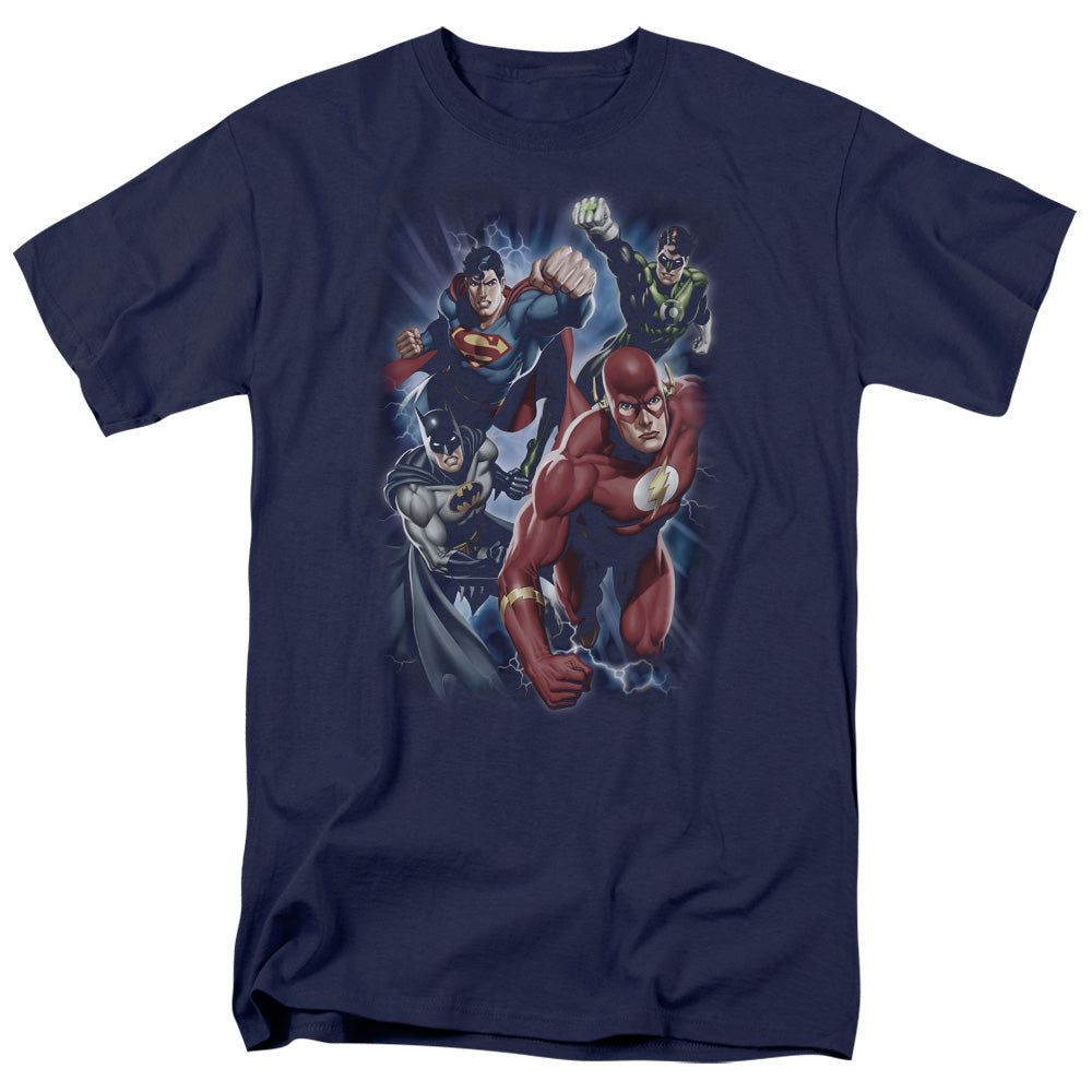 Justice League Storm Chasers Mens T Shirt Navy Blue Retro Pop Classics