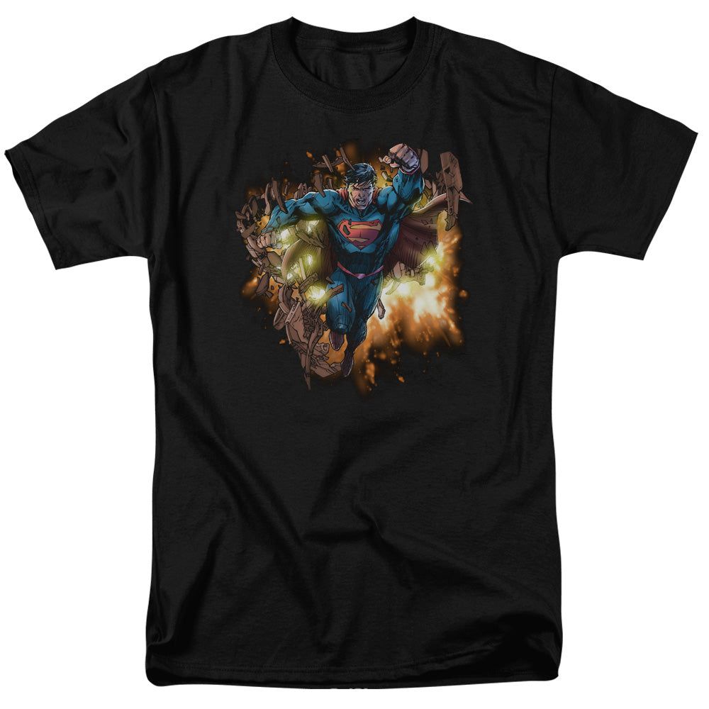 Superman Blasting Through Mens T Shirt Black Retro Pop Classics