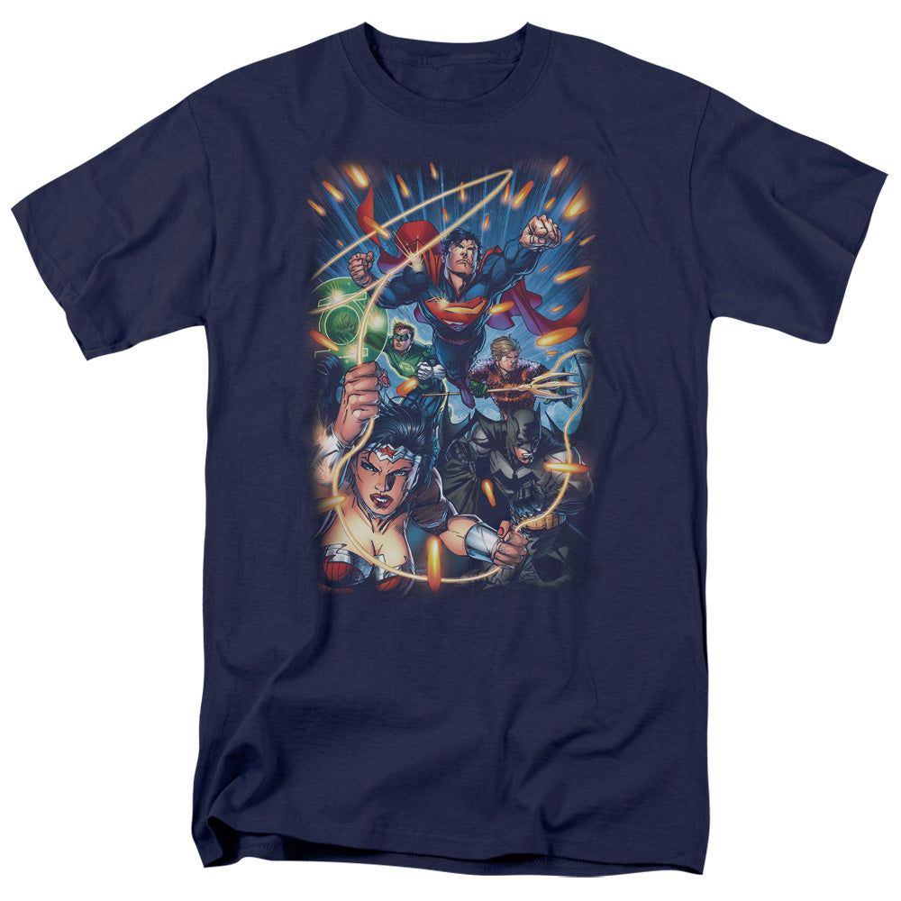 Justice League Under Attack Mens T Shirt Navy Blue Retro Pop Classics
