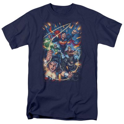 Justice League Under Attack Mens T Shirt Navy Blue Retro Pop Classics