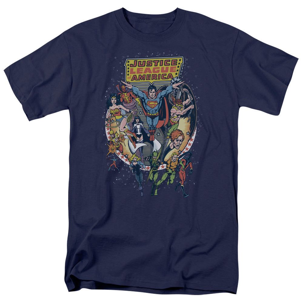 Justice League Star Group Mens T Shirt Navy Blue Retro Pop Classics