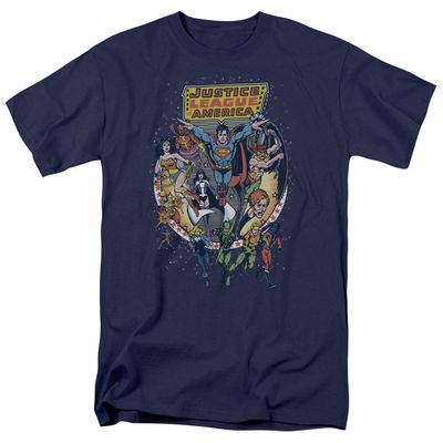 Justice League Star Group Mens T Shirt Navy Blue Retro Pop Classics