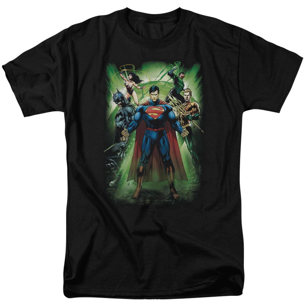 Justice League Power Burst Mens T Shirt Black Retro Pop Classics