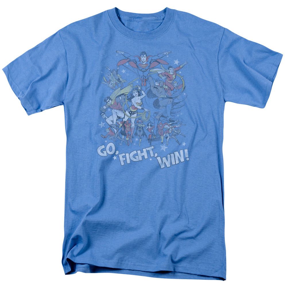 Justice League Go Fight Win Mens T Shirt Carolina Blue Retro Pop Classics