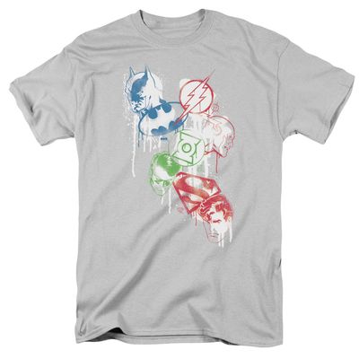 Justice League Splatter Icons Mens T Shirt Silver Retro Pop Classics