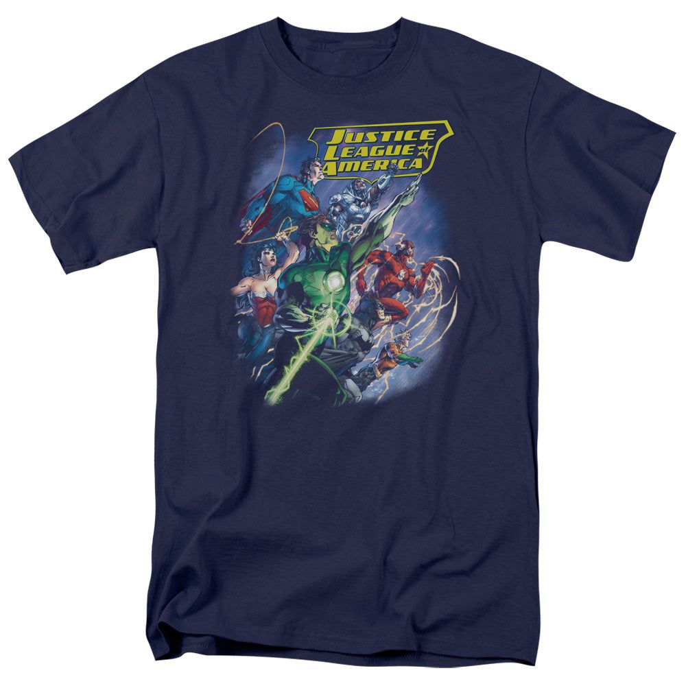 Justice League Onward Mens T Shirt Navy Blue Retro Pop Classics