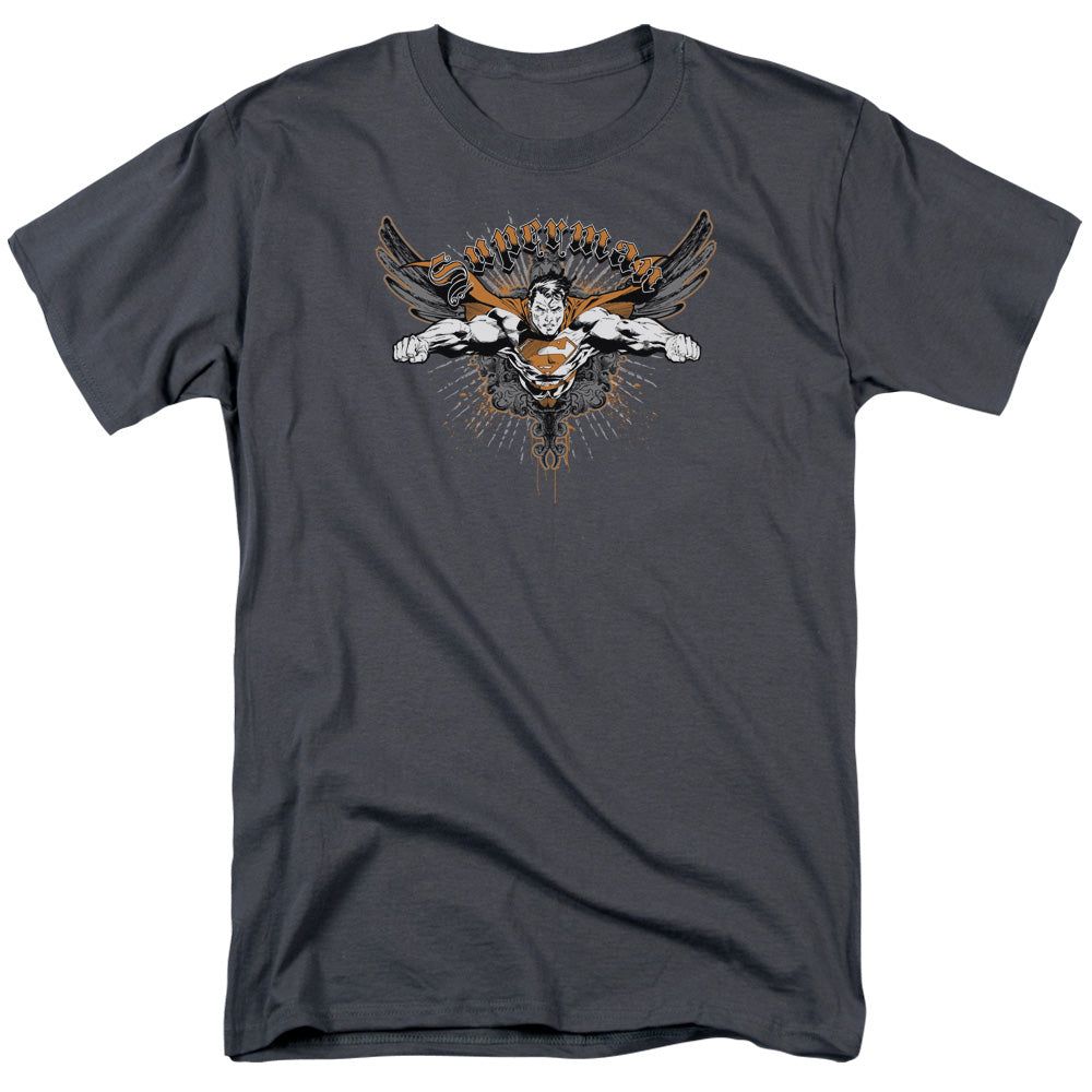 Superman Take Wing Mens T Shirt Charcoal Retro Pop Classics