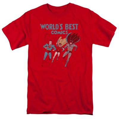 Justice League Worlds Best Mens T Shirt Red Retro Pop Classics