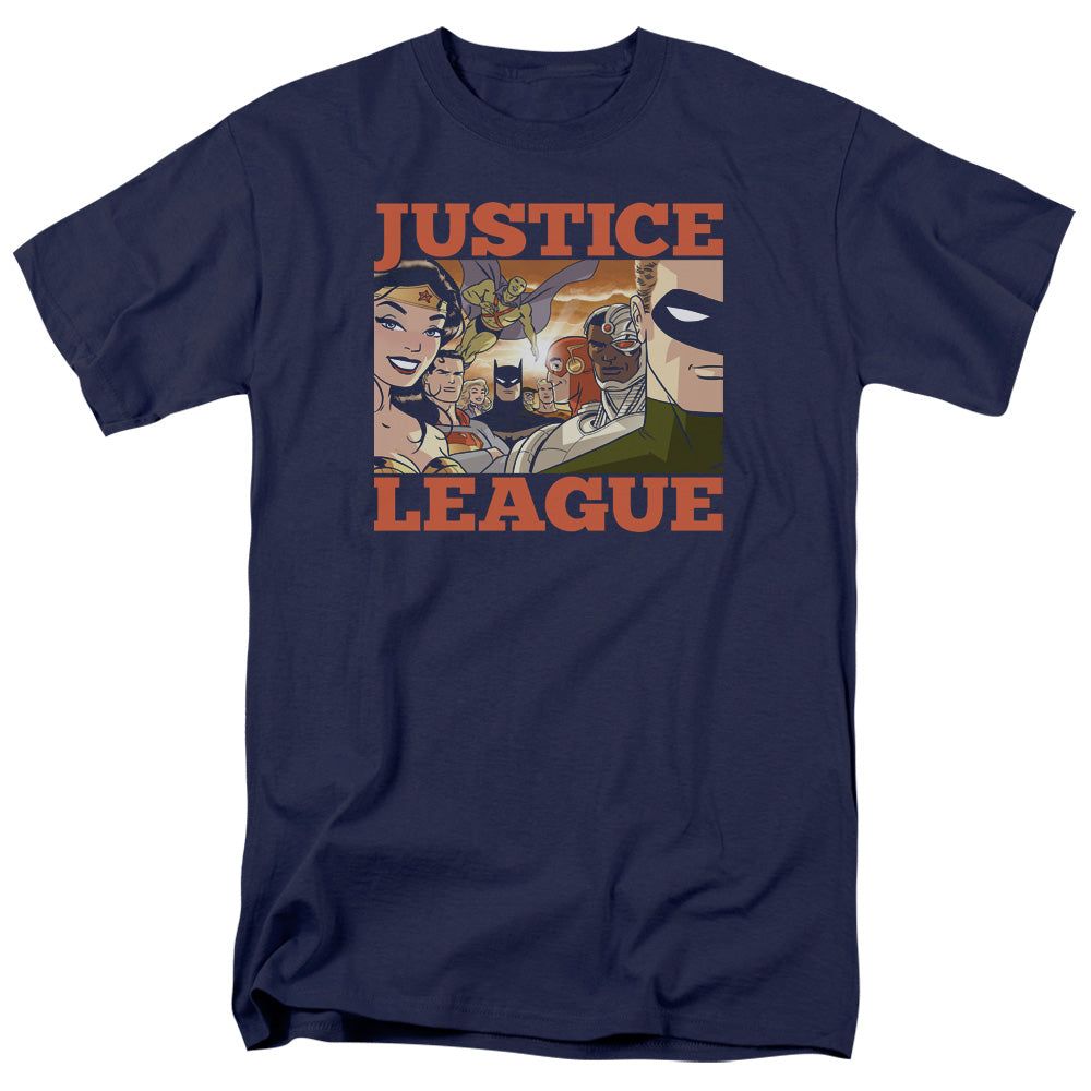 Justice League New Dawn Group Mens T Shirt Navy Blue Retro Pop Classics