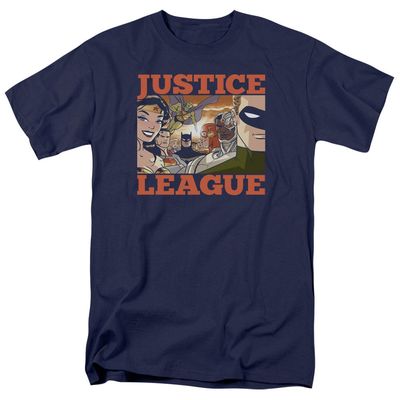 Justice League New Dawn Group Mens T Shirt Navy Blue Retro Pop Classics