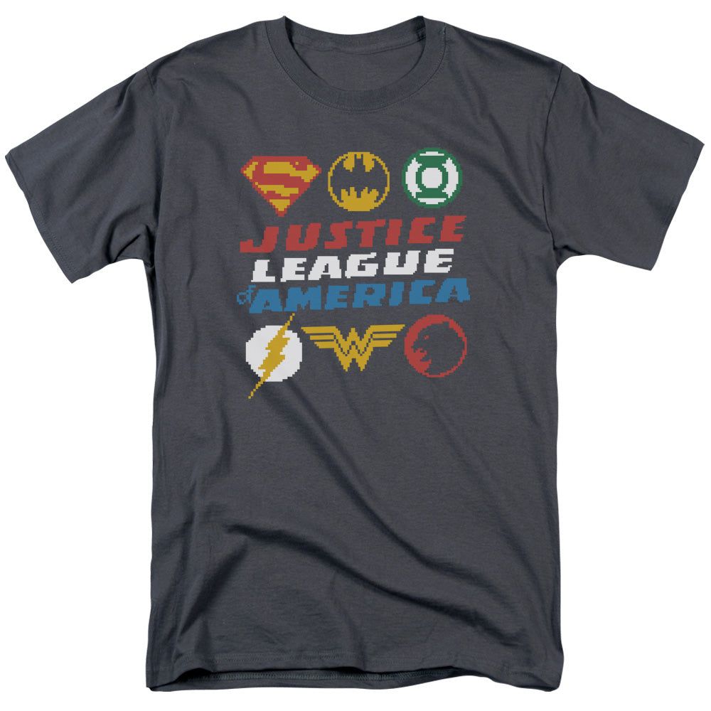 Justice League Pixel Logos Mens T Shirt Charcoal Retro Pop Classics