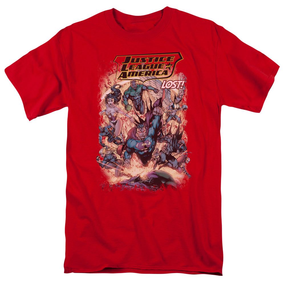 Justice League Lost Mens T Shirt Red Retro Pop Classics