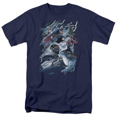 Justice League Ride the Lightening Mens T Shirt Navy Blue Retro Pop Classics
