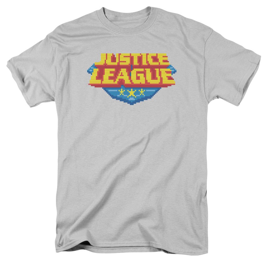 Justice League 8 Bit Logo Mens T Shirt Silver Retro Pop Classics
