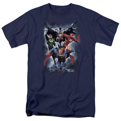 Justice League the Coming Storm Mens T Shirt Navy Blue Retro Pop Classics