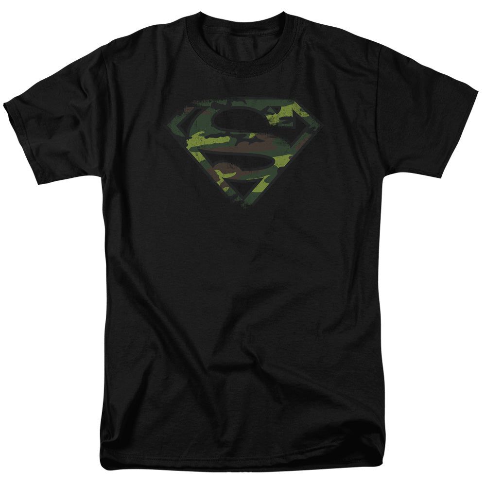 Superman Distressed Camo Shield Mens T Shirt Black Retro Pop Classics
