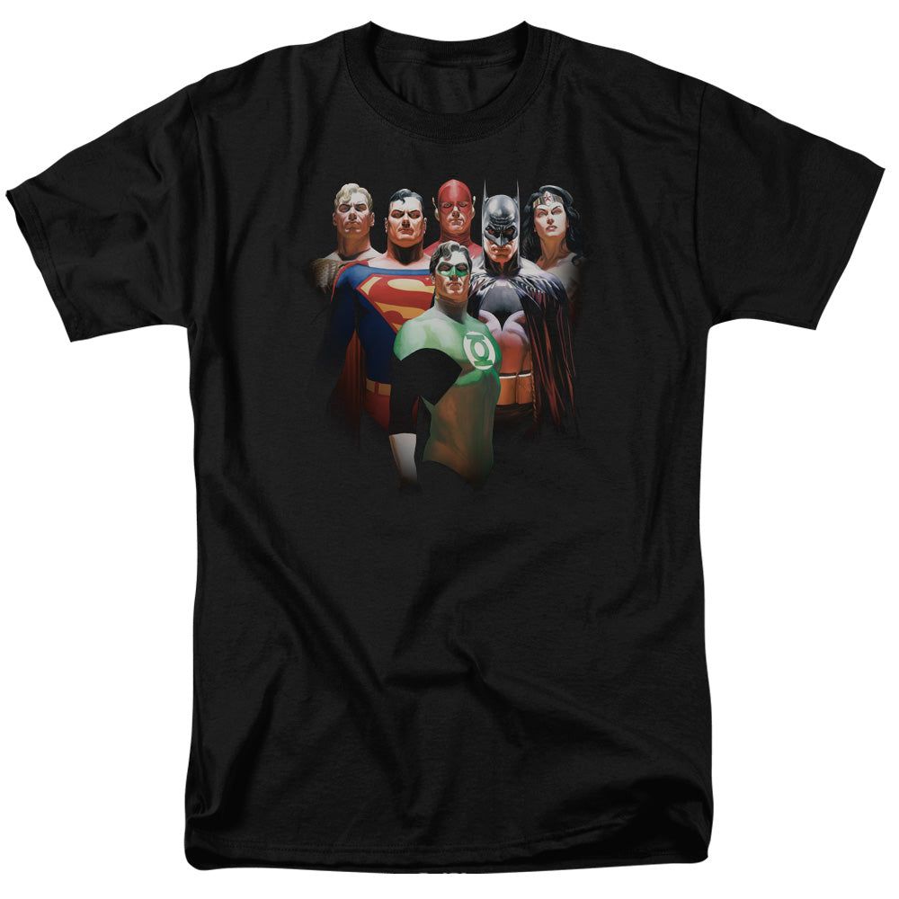 Justice League Roll Call Mens T Shirt Black Retro Pop Classics