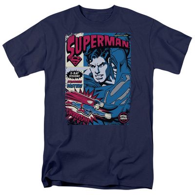Superman Action Packed Mens T Shirt Navy Retro Pop Classics