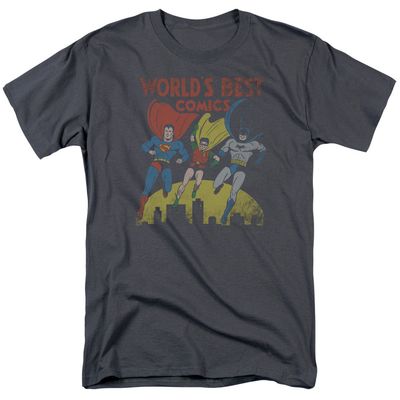 Justice League Worlds Best Comics Mens T Shirt Charcoal Retro Pop Classics