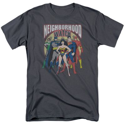 Justice League Neighborhood Watch Mens T Shirt Charcoal Retro Pop Classics