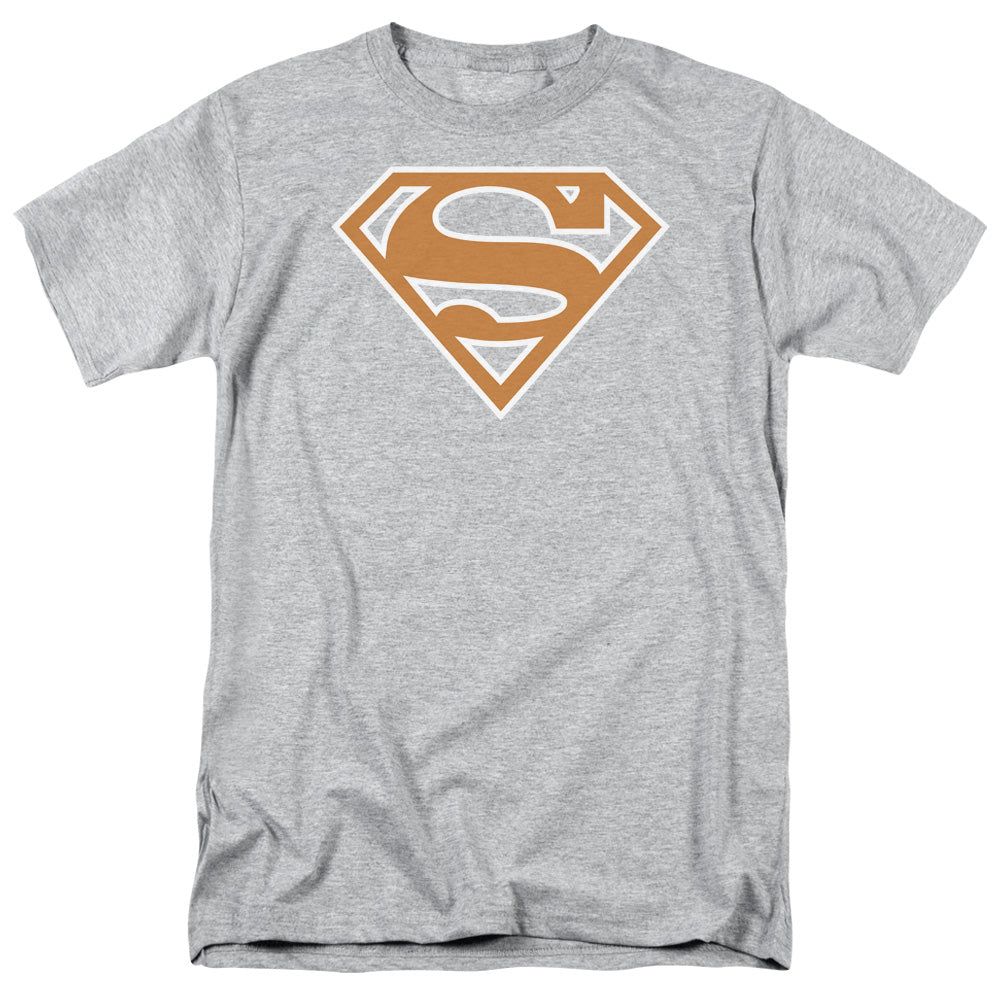 Superman Burnt Orange&amp;White Shield Mens T Shirt Athletic Heather Retro Pop Classics