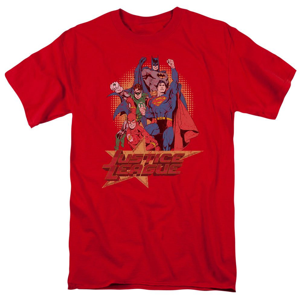 Justice League Raise Your Fist Mens T Shirt Red Retro Pop Classics