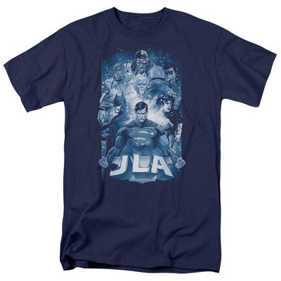 Justice League Burst Mens T Shirt Navy Blue Retro Pop Classics