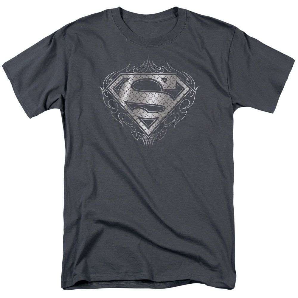 Superman Tribal Steel Logo Mens T Shirt Charcoal Retro Pop Classics