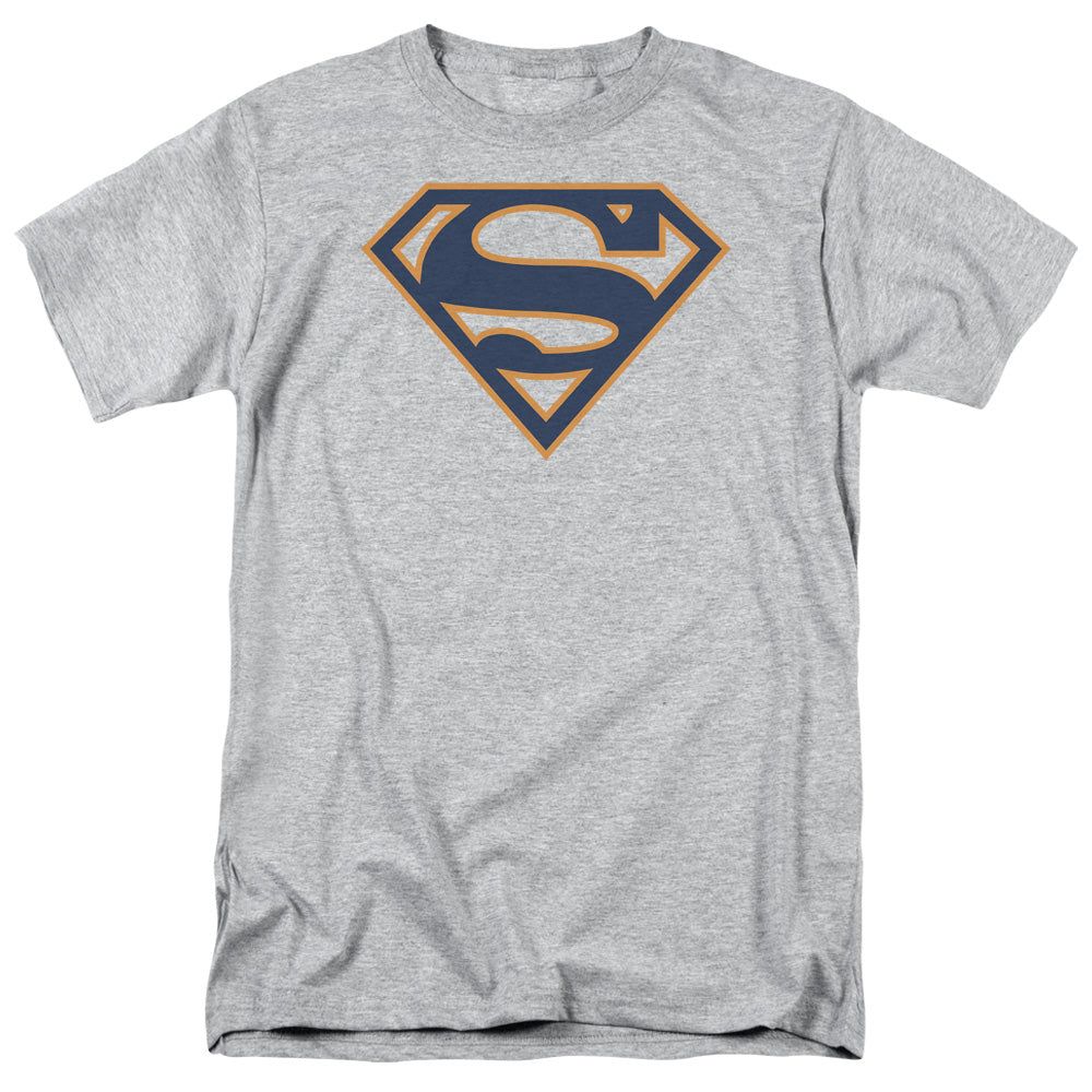 Superman Navy &amp; Orange Shield Mens T Shirt Athletic Heather Retro Pop Classics