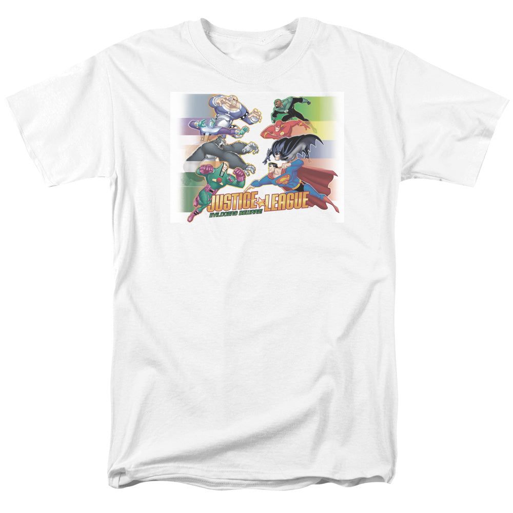 Justice League Evildoers Beware Mens T Shirt White Retro Pop Classics