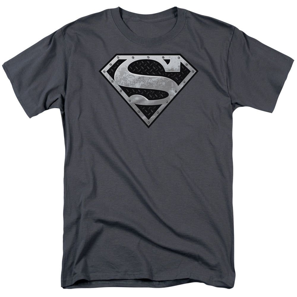 Superman Super Metallic Shield Mens T Shirt Charcoal Retro Pop Classics