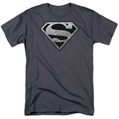 Superman Super Metallic Shield Mens T Shirt Charcoal Retro Pop Classics