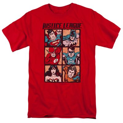 Justice League Rough Panels Mens T Shirt Red Retro Pop Classics