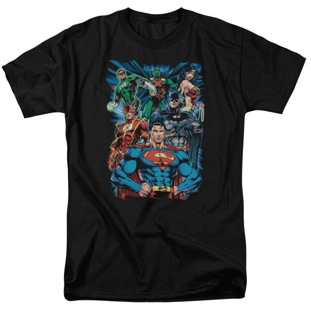Justice League Justice is Served Mens T Shirt Black Retro Pop Classics