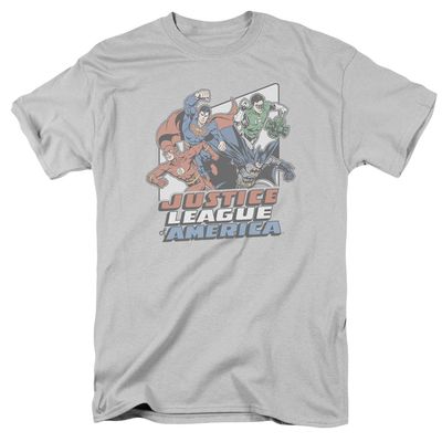 Justice League Four Against Crime Mens T Shirt Silver Retro Pop Classics