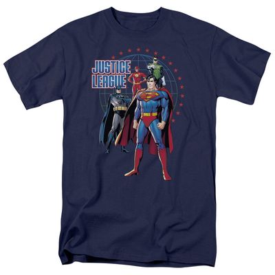 Justice League Protectors Mens T Shirt Navy Blue Retro Pop Classics