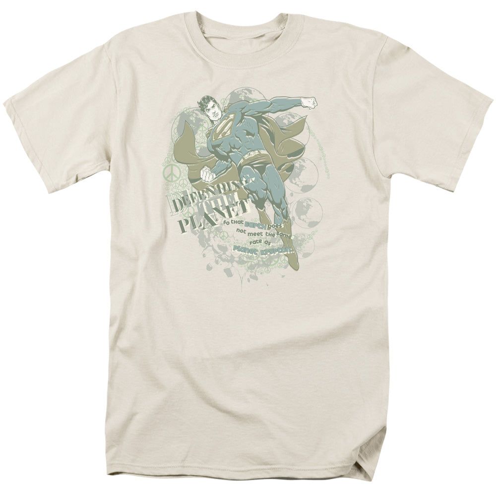 Superman Defending The Planet Mens T Shirt Cream Retro Pop Classics