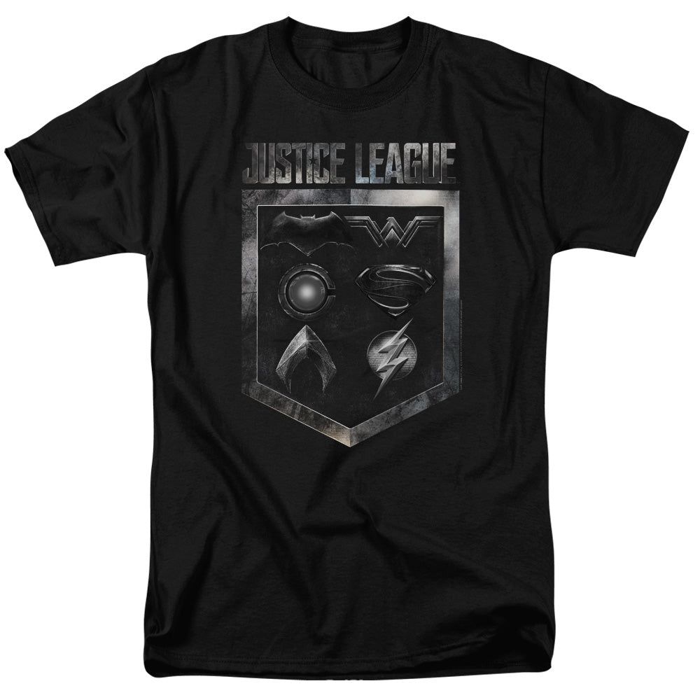 Justice League Movie Shield Of Emblems Mens T Shirt Black Retro Pop Classics